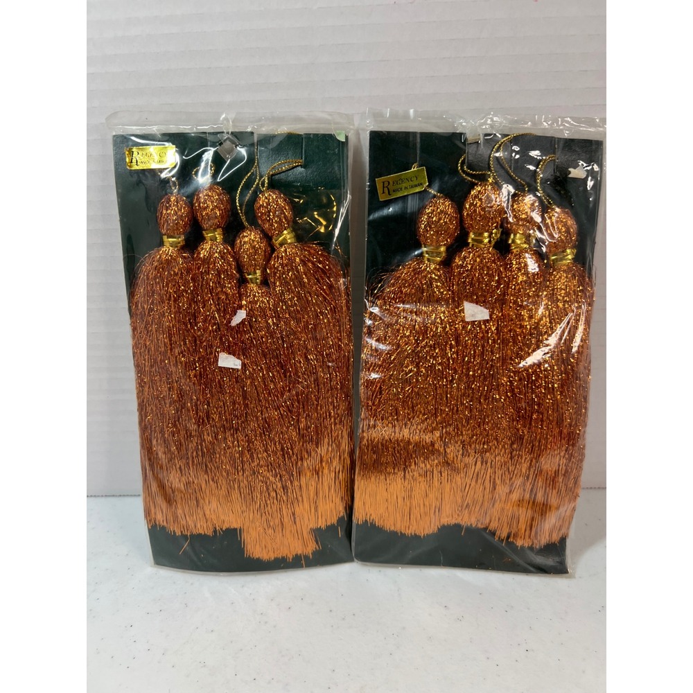 Vintage Regency Copper Metallic Tinsel Tassels Ornaments Set of 8 Made in Taiwan